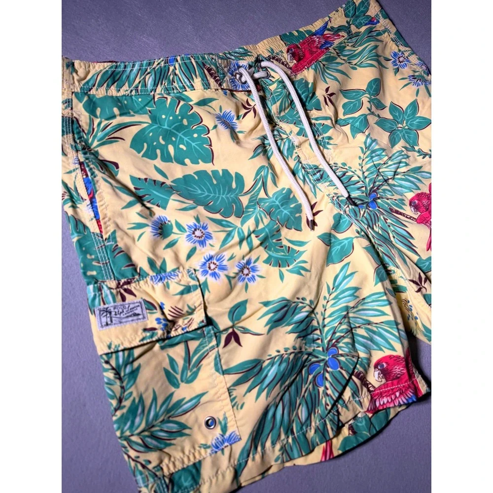 Vintage Polo Ralph Lauren Swim Trunks Mens Large Yellow Tropical Parrot Print